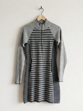 Title Nine Merino Wool Sweater Dress Gray Striped Mock Neck Zip Pockets Size XS